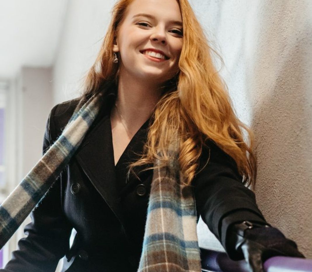 Katie with her Stewart Plaid scarf from Scotland.